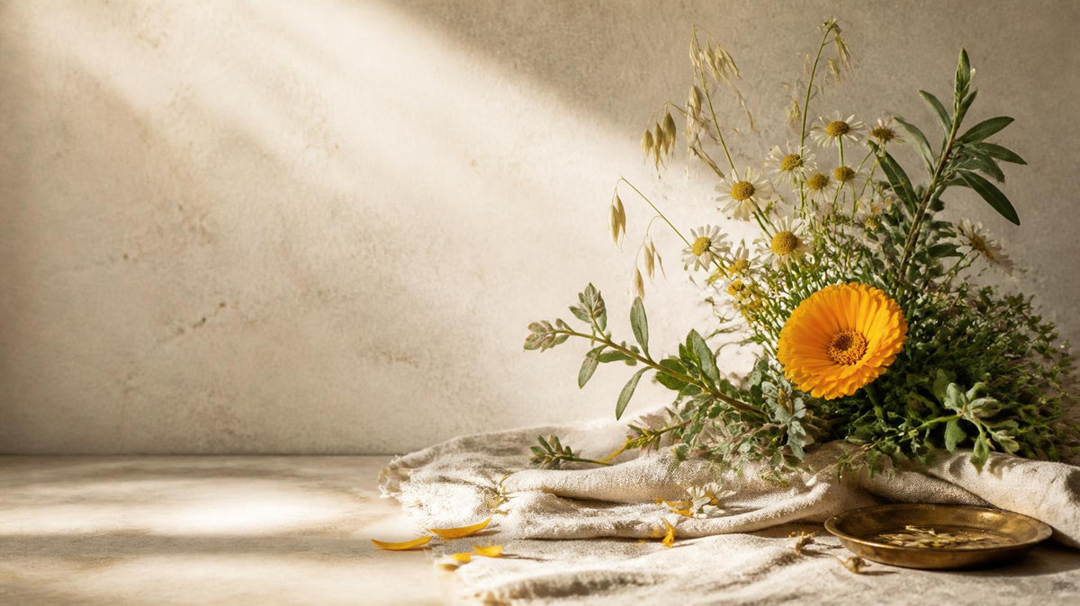 Calendula, chamomile, oats, and botanical stems arranged on ivory linen in warm morning light